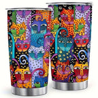 Cat Lover Gift Tumbler 20oz Boho Rainbow Cat Art Insulated Stainless Steel Travel Mug – Leakproof Birthday Gift for Cat Mom Women Pet Lovers