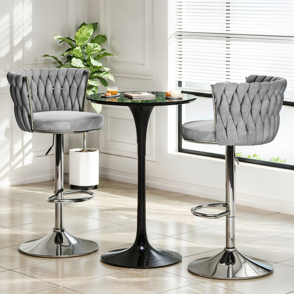 Bar Stools Set of 2 or 4 Adjustable Height Metal Leg Upholstered Counter Chairs for Kitchen Island Bar Living Room Dining Room – Glam Style