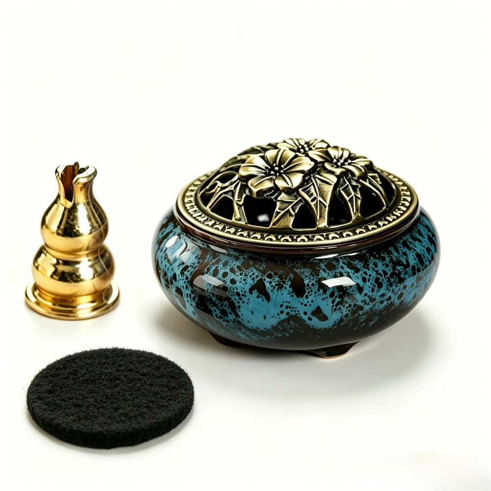 Ceramic Incense Holder Set 4pcs Large Kiln-Fired with Vintage Brass Lid & Fireproof Mat – Stick, Cone & Coil Incense Burner for Home Meditation, Zen Decor & Aromatherapy