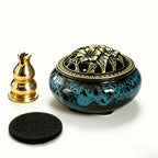 Ceramic Incense Holder Set 4pcs Large Kiln-Fired with Vintage Brass Lid & Fireproof Mat – Stick, Cone & Coil Incense Burner for Home Meditation, Zen Decor & Aromatherapy