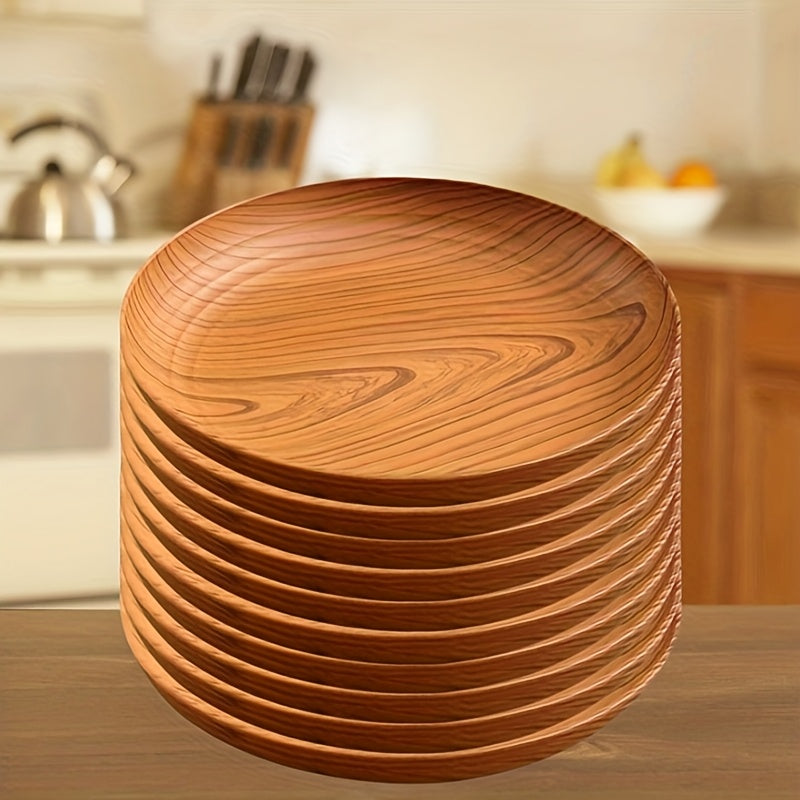 10-Piece Wood Grain Plastic Dinner Plates Round Striped Pattern Luxury Feel for Home Restaurant Dessert Shop Snack Fruit Tea Tray