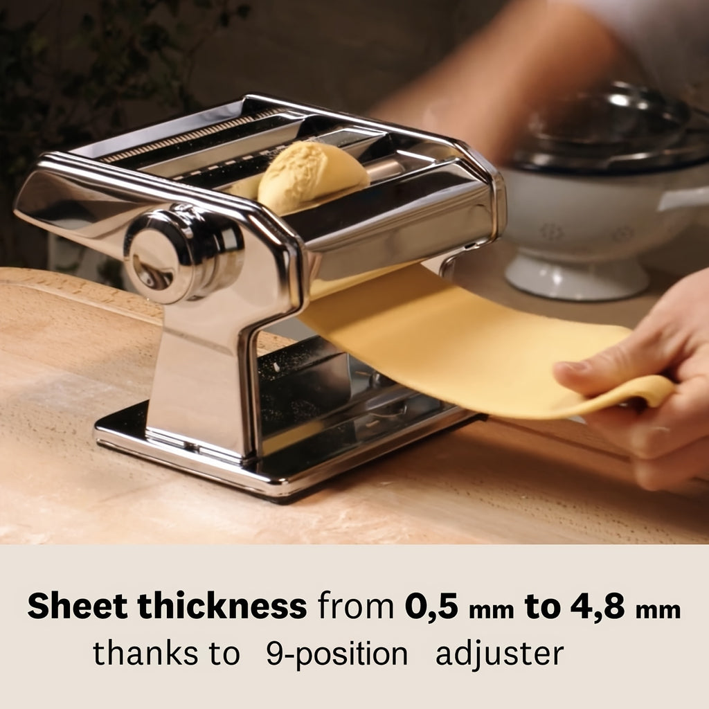 Manual Pasta Maker Machine Stainless Steel – 9 Adjustable Thickness Settings Noodle Cutter for Spaghetti, Fettuccine, Lasagna & Dumpling Wrappers, Durable Kitchen Tool