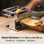 Manual Pasta Maker Machine Stainless Steel – 9 Adjustable Thickness Settings Noodle Cutter for Spaghetti, Fettuccine, Lasagna & Dumpling Wrappers, Durable Kitchen Tool