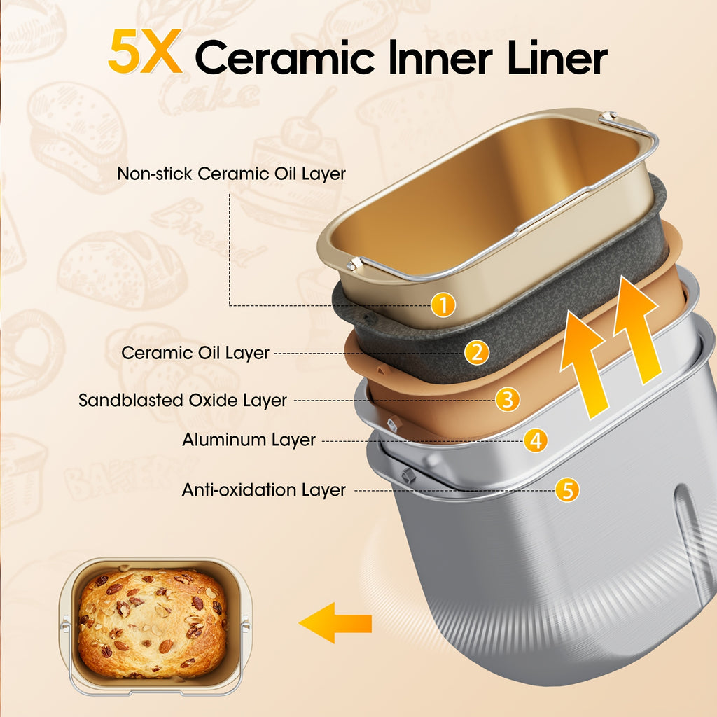 Bread Maker Machine 19-in-1 with Auto Nut & Fruit Dispenser, Ceramic Non-Stick Pan, Clear Viewing Window, 15-Hour Timer – Up to 2 LB Loaf
