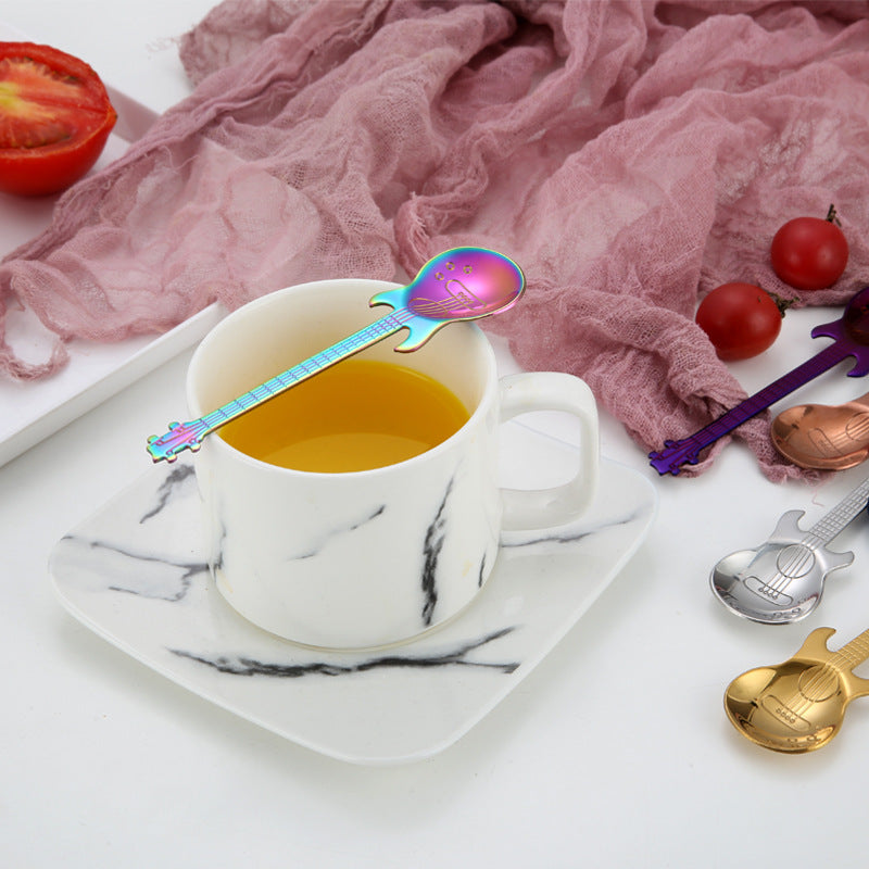 Guitar-Shaped Stainless Steel Teaspoon Set of 6 in Random Colors – Food Safe 304 Steel Novelty Coffee Tea Spoons for Music Lovers, Gifts & Fun Table Settings