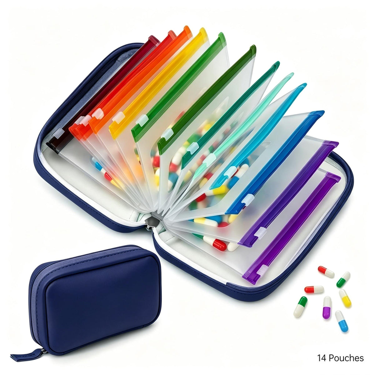 Weekly Pill Organizer Bag Set – 14 Color-Coded Waterproof Zipper Bags Reusable Travel Medicine Storage for Vitamins Fish Oil Daily Supplements