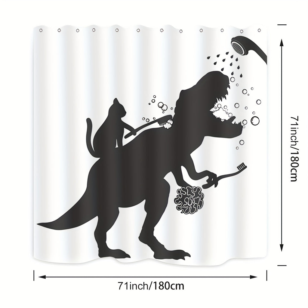 Funny Cat Dinosaur Shower Curtain - Cat Helps T-Rex Bathe Humorous Black White Bathroom Decor, Waterproof Polyester 71x71 Inch with 12 Hooks, Boys Kids Dino Novelty Curtain