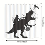 Funny Cat Dinosaur Shower Curtain - Cat Helps T-Rex Bathe Humorous Black White Bathroom Decor, Waterproof Polyester 71x71 Inch with 12 Hooks, Boys Kids Dino Novelty Curtain