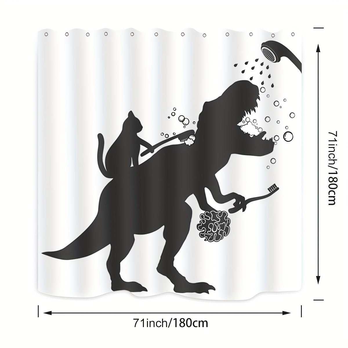 Funny Cat Dinosaur Shower Curtain - Cat Helps T-Rex Bathe Humorous Black White Bathroom Decor, Waterproof Polyester 71x71 Inch with 12 Hooks, Boys Kids Dino Novelty Curtain