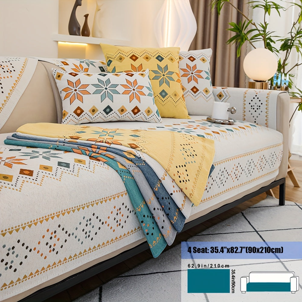 Embroidered Chenille Sofa Slipcover Bohemian Geometric Floral Pattern | Non-Slip Machine Washable Couch Cover for 1-2-3-4 Seater with Armrest & Pillow Cover Options, 6 Colors