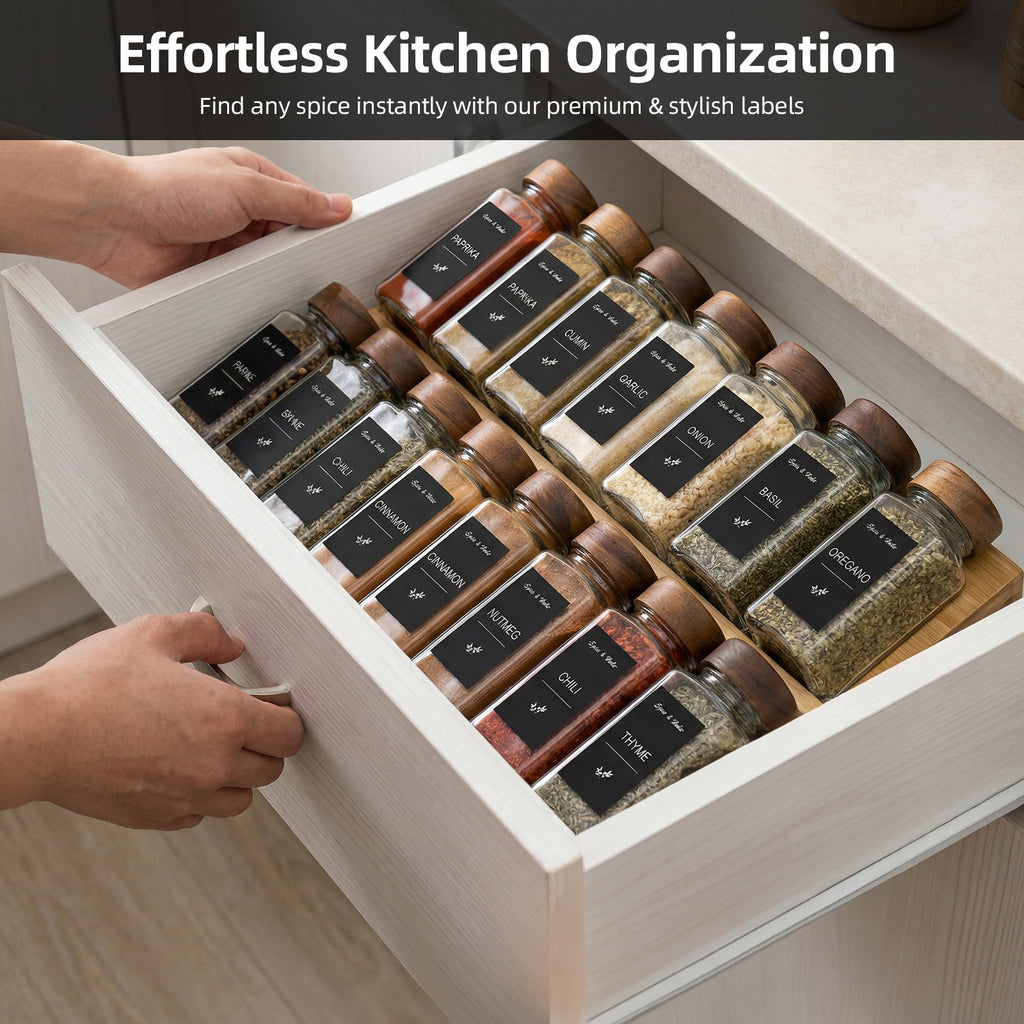 Glass Spice Jars Set with Acacia Wood Lids - 4oz Square Spice Bottles with Shaker Lids, Labels & Grinders for Kitchen Spice Storage and Organization