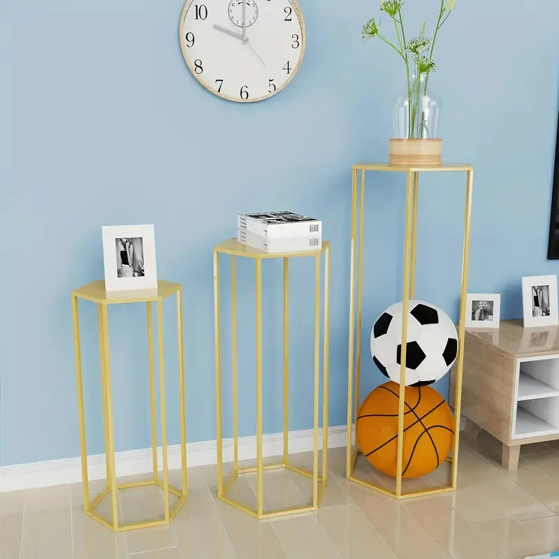 3-Piece Gold Hexagon Cake Stand Set – Metal Cylinder Pedestal Stands for Wedding, Party, Flower Vase & Living Room Decor