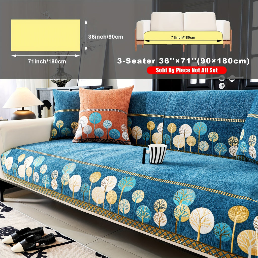 Bohemian Chenille Sofa Cover Tree Embroidery Print Thick Non-Slip Pet Friendly One-Piece Couch Protector Armchair Loveseat 3 4 Seater