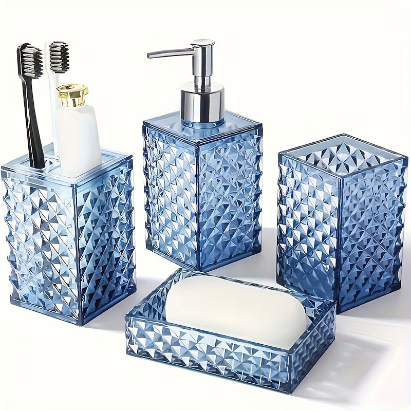 Bathroom 4-Piece Plastic Accessory Set – Transparent Diamond Grid Pattern | Soap Dispenser, Toothbrush Holder & More | Grey, Blue, Green