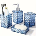 Bathroom 4-Piece Plastic Accessory Set – Transparent Diamond Grid Pattern | Soap Dispenser, Toothbrush Holder & More | Grey, Blue, Green