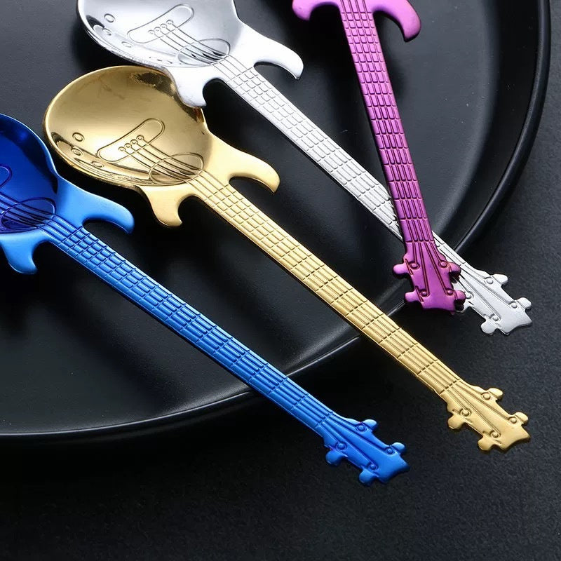 Guitar-Shaped Stainless Steel Teaspoon Set of 6 in Random Colors – Food Safe 304 Steel Novelty Coffee Tea Spoons for Music Lovers, Gifts & Fun Table Settings