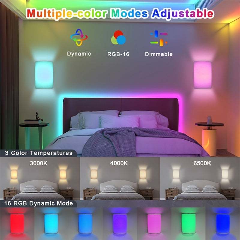 Wireless Wall Sconce with Linen Shade 2-Pack Battery Powered 3500mAh - 16 RGB Colors 3 White Light Modes Dimmable Timer Remote Control - Indoor Wall Light for Bedroom Living Room Hallway