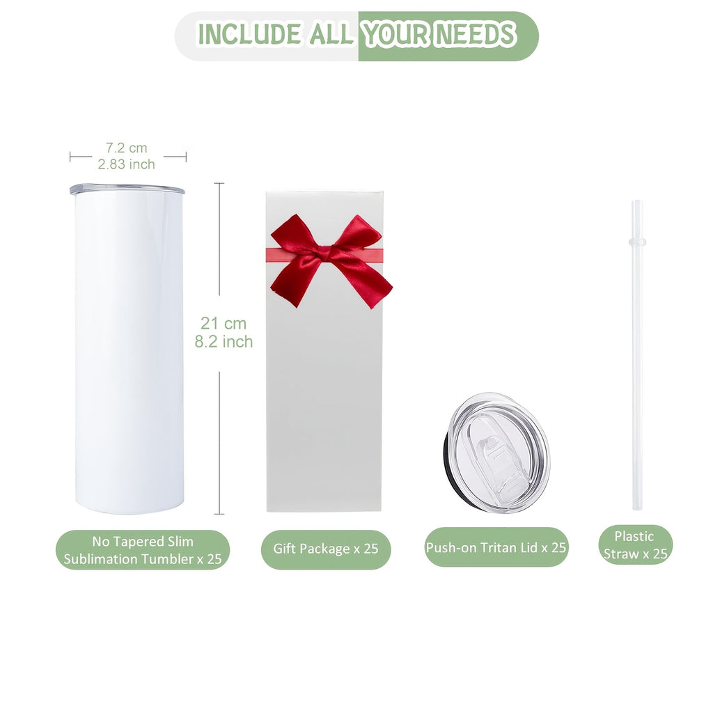 20oz Sublimation Tumblers Bulk 25 or 50 Pack – Skinny Straight Stainless Steel Insulated Sublimation Blanks with Lid & Straw, Gift Box Included