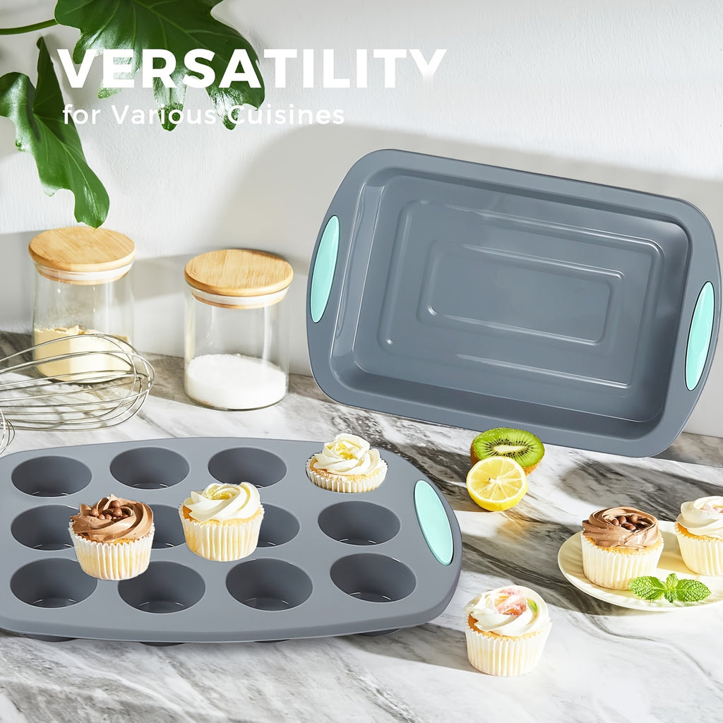 Silicone Bakeware Set 46 & 51 Piece Non-Stick Oven Baking Pans with Muffin Pan Cake Mold Donut Loaf Pan Baking Cups & Measuring Cups Spoons