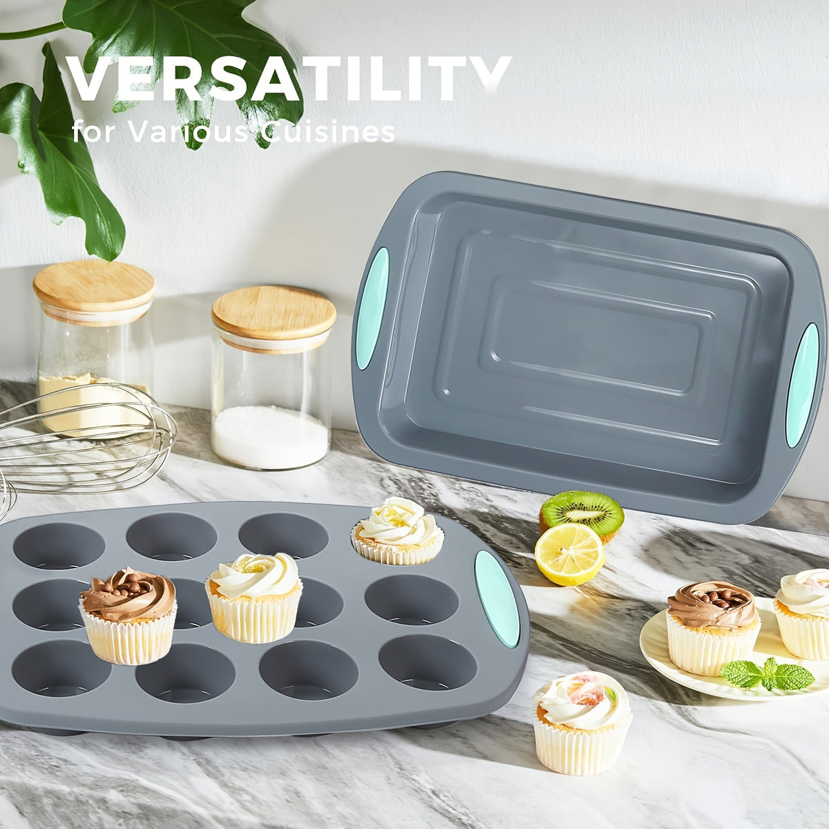 Silicone Bakeware Set 46 & 51 Piece Non-Stick Oven Baking Pans with Muffin Pan Cake Mold Donut Loaf Pan Baking Cups & Measuring Cups Spoons
