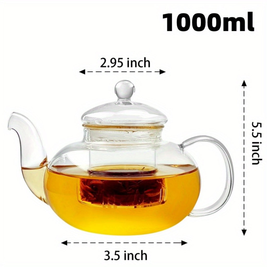 1000ml Borosilicate Glass Teapot with Removable Infuser – Gooseneck Loose Leaf Tea Pot, Microwave & Stovetop Safe, Gift Box Included (Teapot Only or Set with 4 Cups)