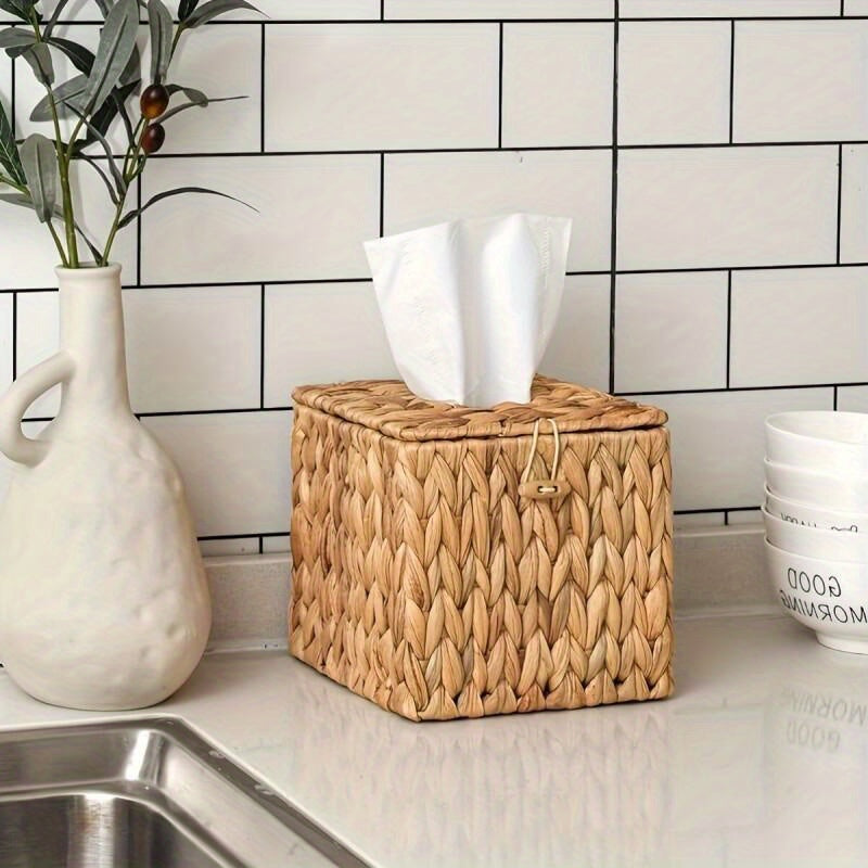 Boho Woven Square Tissue Box Cover with Lid – Natural Fiber, Snap Closure, Decorative Tissue Holder for Bathroom, Living Room, Bedroom & Vanity – Stylish Home Decor Storage Basket