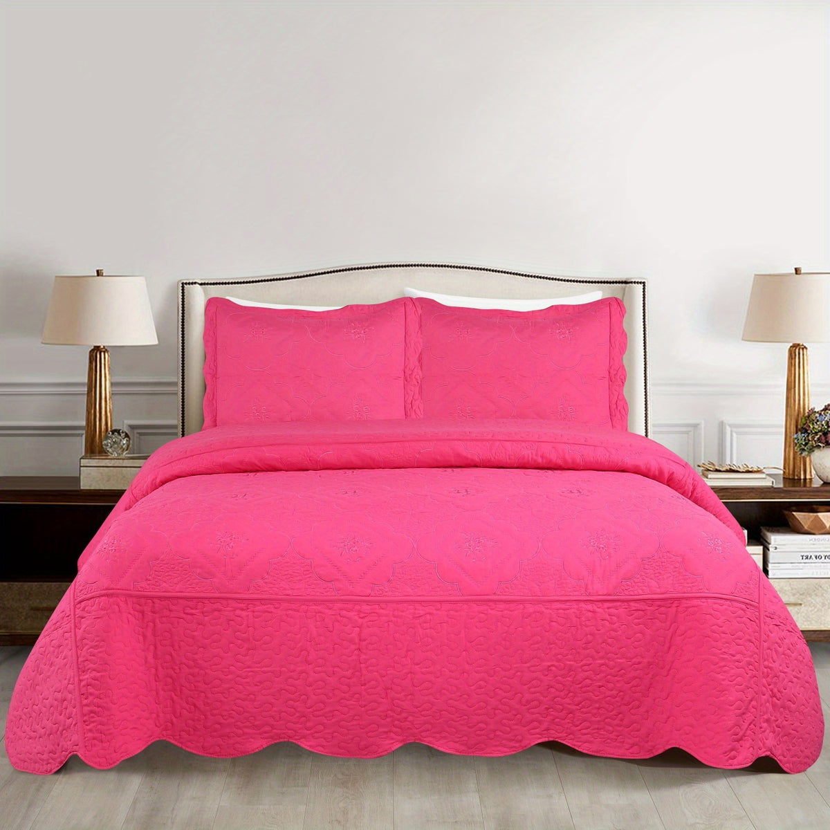 Quilted Embroidered Bedspread Set 3 Pcs – Floral Embroidery, 100% Polyester, Wrinkle-Resistant Lightweight Coverlet for Queen & King Bedroom Decor, 16 Colors