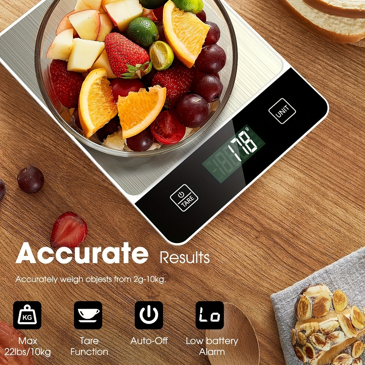 Digital Kitchen Scale 10kg/22lb – Precise 0.1g Accuracy, Stainless Steel, Tare Function for Baking & Cooking