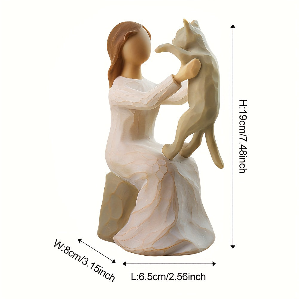 Hand-Painted Girl & Cat Resin Statue – Collectible Kitten Companion Figurine | Thoughtful Memorial Gift for Cat Lovers, Mom & Cat Ladies | Decorative Sculpture for Home, Shelf & Desktop