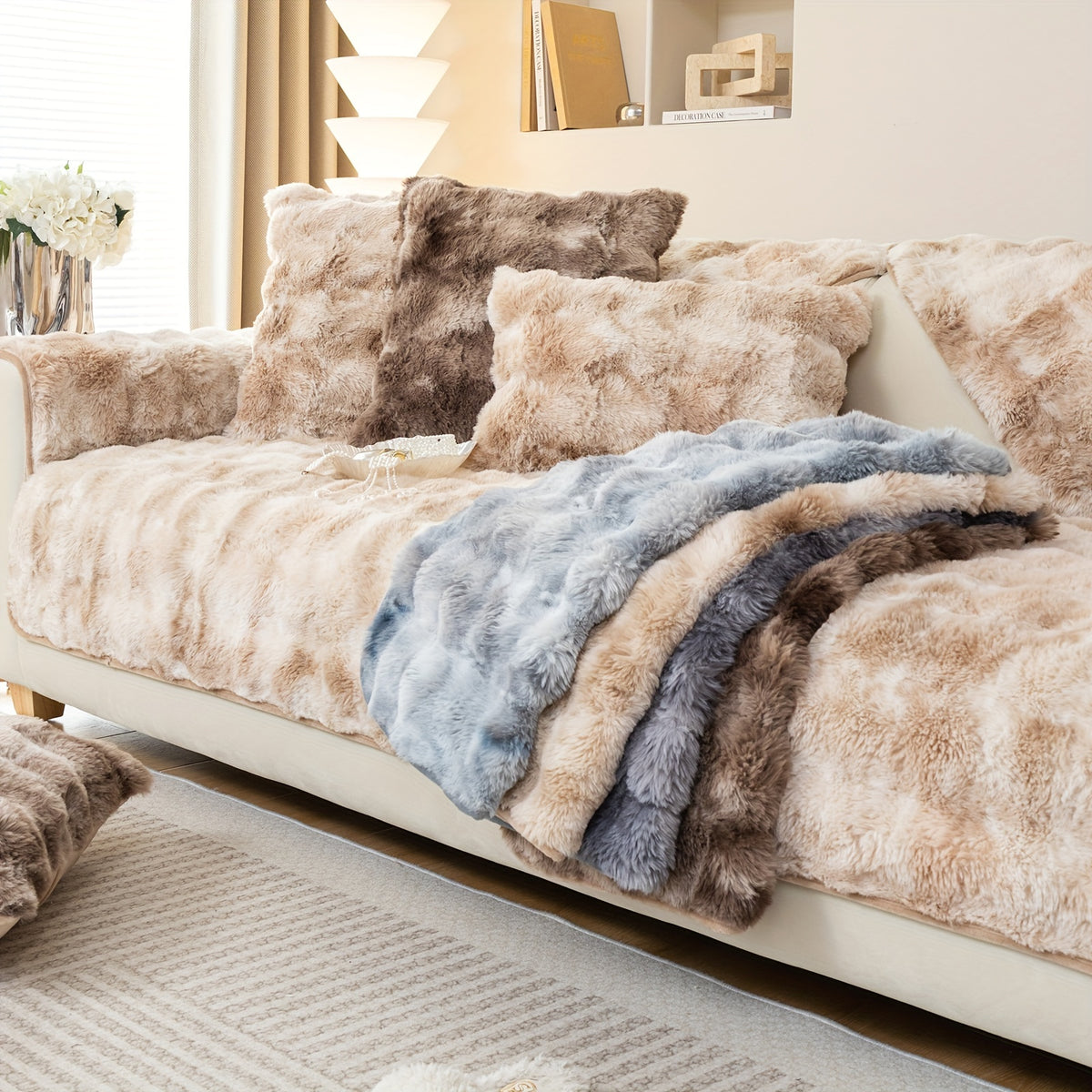 Faux Lamb Fluffy Sofa Cover Modern Gradient – Thick Plush Pet-Friendly Polyester Sofa Protector, Machine Washable 450-500g Fabric for Single, Double, Triple & Combination Sofas