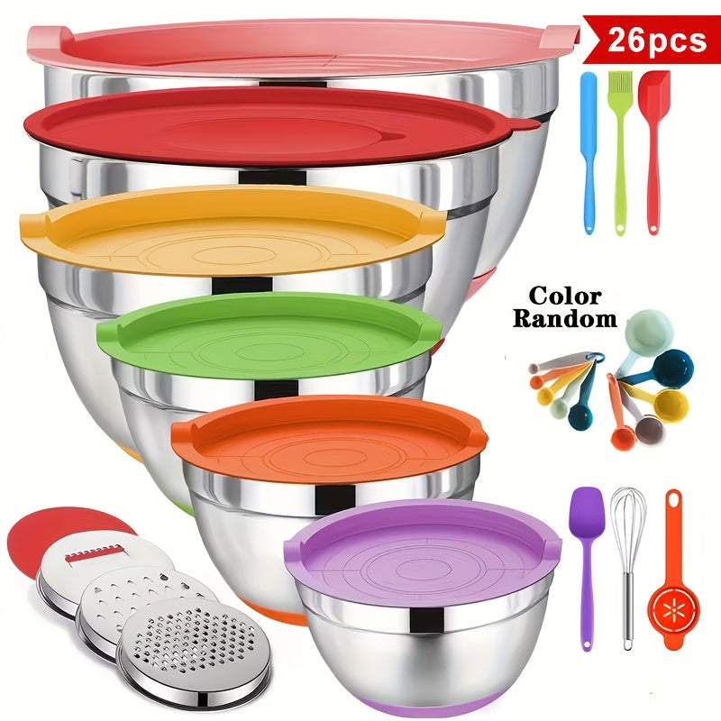 26-Piece Stainless Steel Mixing Bowl Set with Lids & Kitchen Tools – 6 Bowls (1.1–4.5 QT), Anti-Slip Silicone Base, Ideal for Baking, Salad & Meal Prep