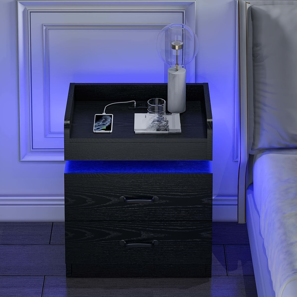Nightstand with Charging Station LED Lights and 2 Drawers Bedside Table for Bedroom Living Room White Black Grey 1pc or 2pcs Set