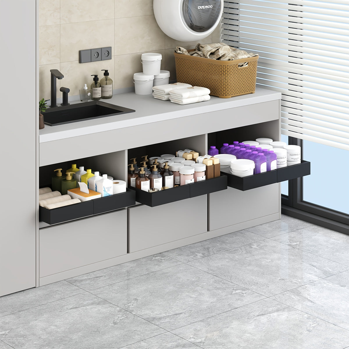 Pull Out Cabinet Organizer Shelf – Expandable Sliding Storage Drawer, Heavy Duty Carbon Steel, No Drill Under Sink Basket for Kitchen, Bathroom & Laundry, 2/4/6 Pack