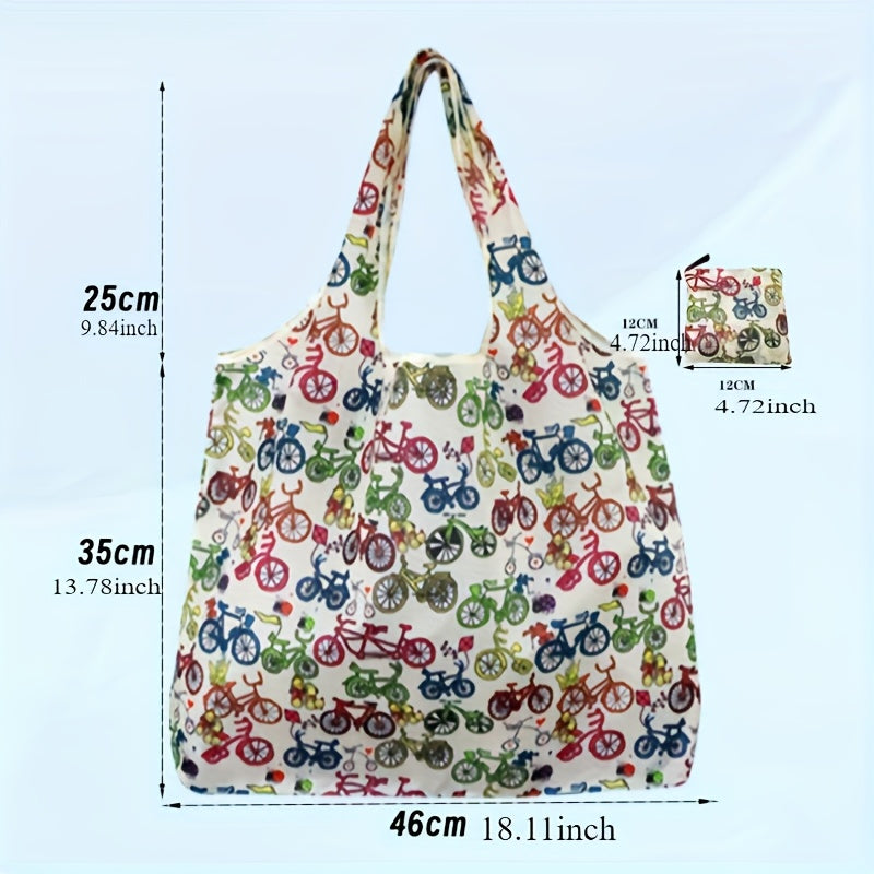 Foldable Shopping Bags 10pcs Reusable - Lightweight Waterproof Polyester Tote Bags with Storage Pockets & Cute Patterns, Eco-Friendly Grocery Bags in Random Colors