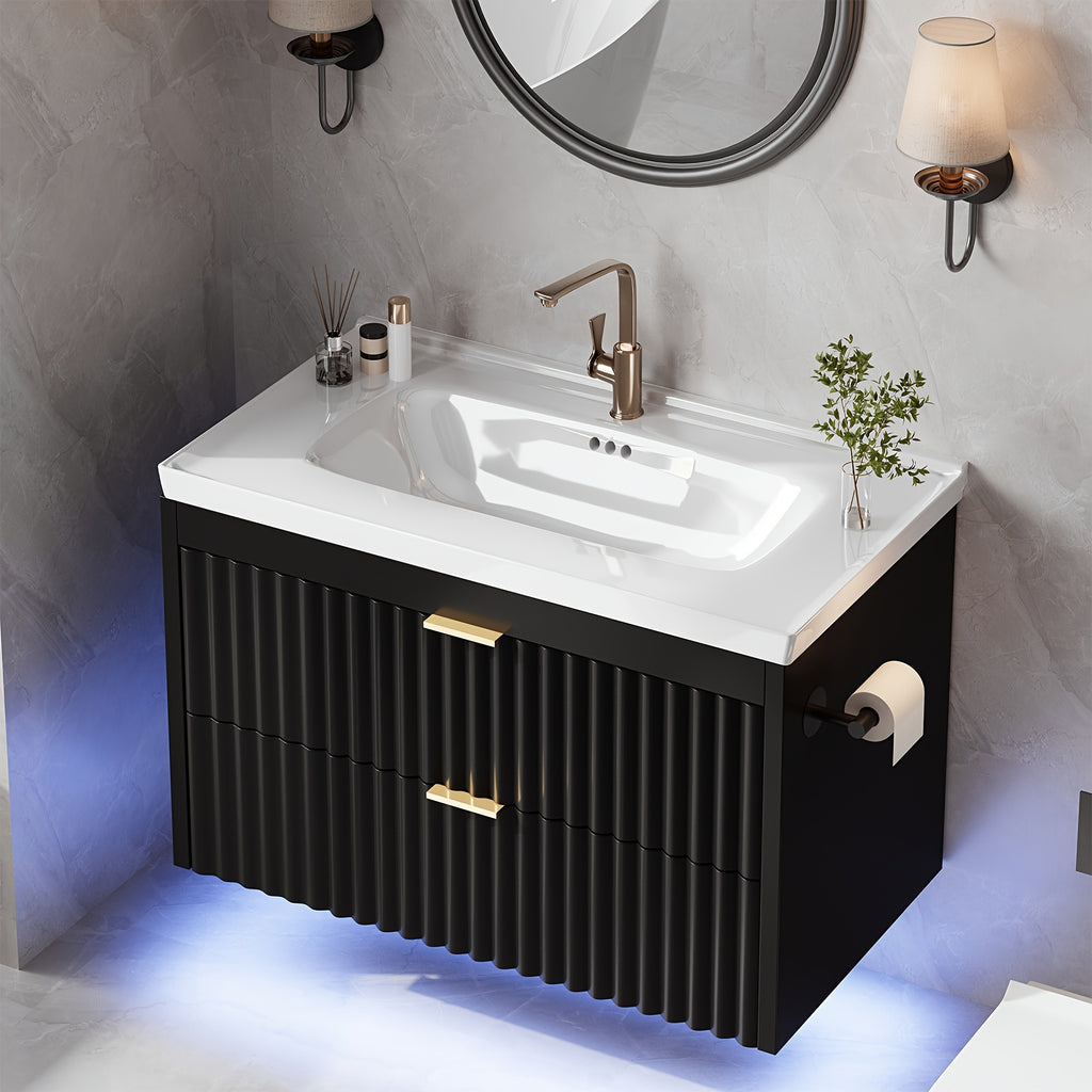 Floating Bathroom Vanity with Sink 24 Inch LED Light Wall Mounted 3-Hole Ceramic Basin Wave Line Design Soft Close Drawers for Small Spaces Black White