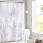 Ruffled Shower Curtain Farmhouse 72x72 - Handmade 3D Flower Vintage Ruched Fabric Bathroom Curtain, Victorian Romantic Luxury Decor, Black Pink Camel, Waterproof Microfiber 12 Holes