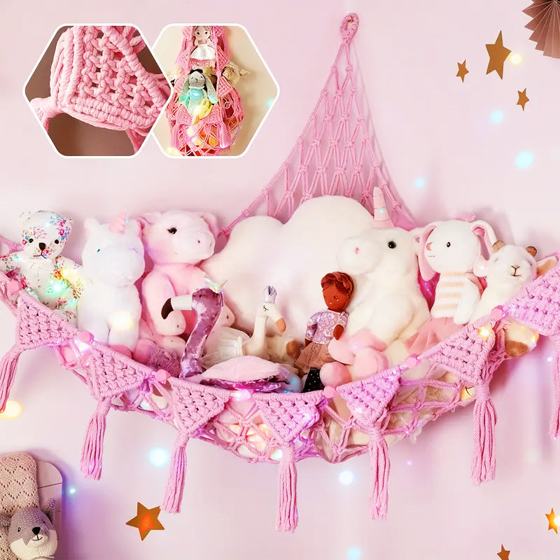 Toy Hammock Corner Net with Color Lights & Heart Tassels - Stuffed Animal Storage Net, 3 Hooks, 72x48x48in for Kids Room, Bedroom & Bathroom | Pink, Gray, White & Black