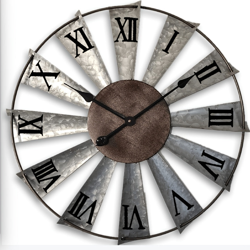 24 Inch Large Farmhouse Wall Clock with 3D Windmill Blades – Vintage Galvanized Metal Analog Clock, Battery Operated Quiet Movement, Home Decor for Living Room, Kitchen, Bedroom & Porch
