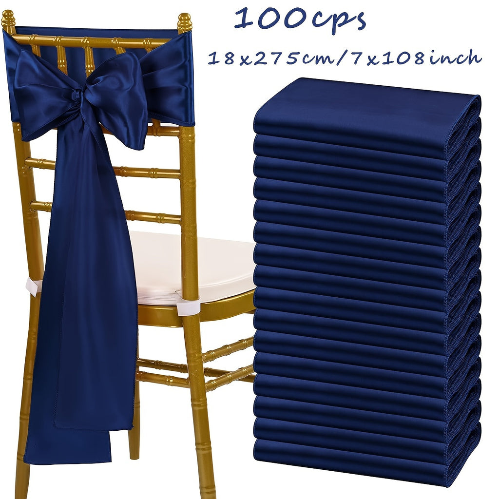 Satin Chair Bow Ribbons 100-Pack – 7×108 Inch Universal Streamer for Wedding Reception Banquet Party Hotel Christmas Decor, 15 Colors