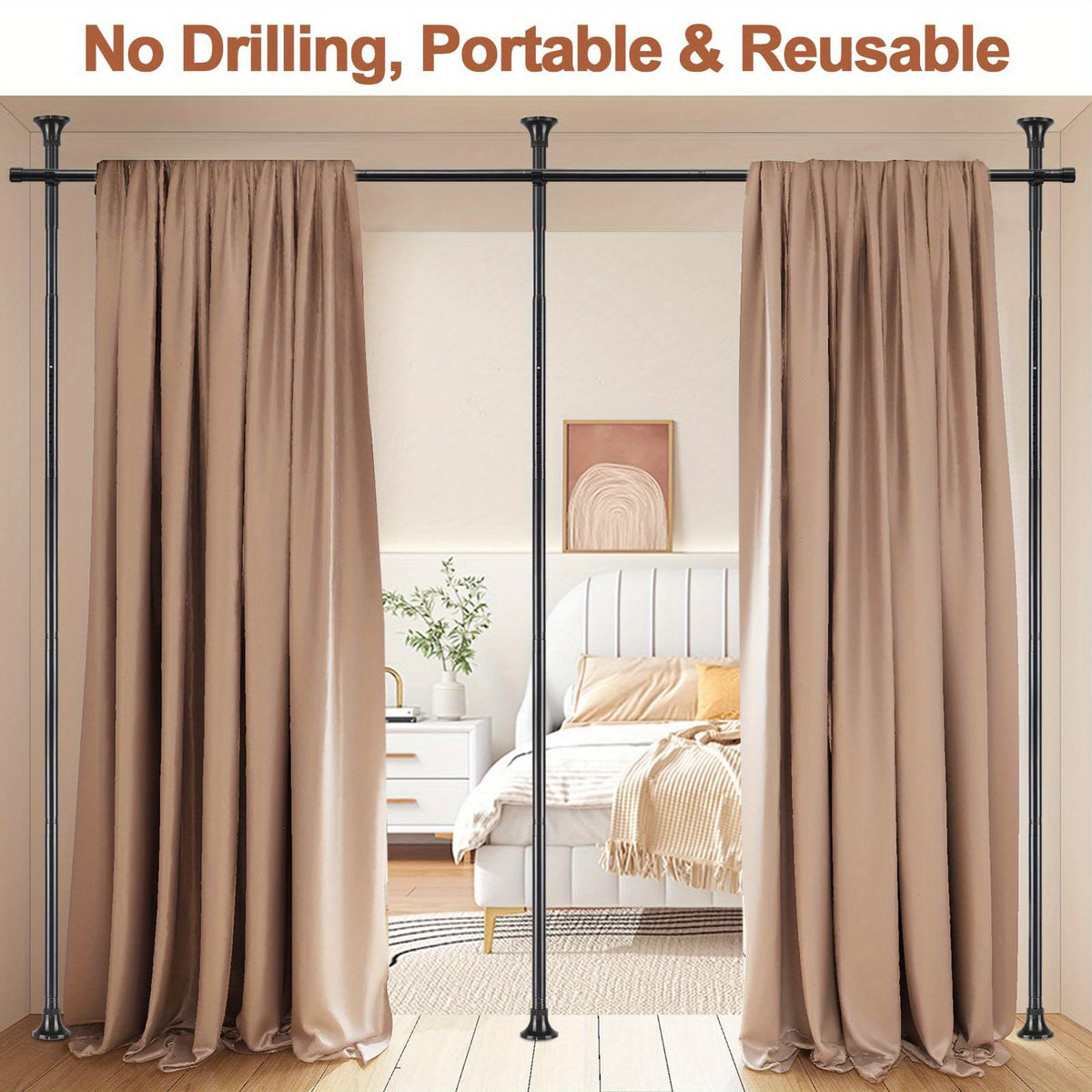 Floor to Ceiling Room Divider Rod No Drill Tension – Adjustable 4-10ft Tall 28-114" Wide Heavy Duty Curtain Partition Stand for Bedroom Studio Apartment, Matte Black White