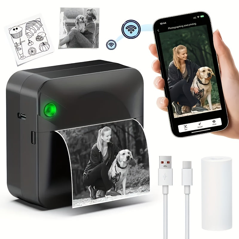 Mini Pocket Thermal Printer Inkless Wireless Sticker Photo Printer with 1 Roll Thermal Paper Portable Receipt Printer for Photos Diaries Notes Memos