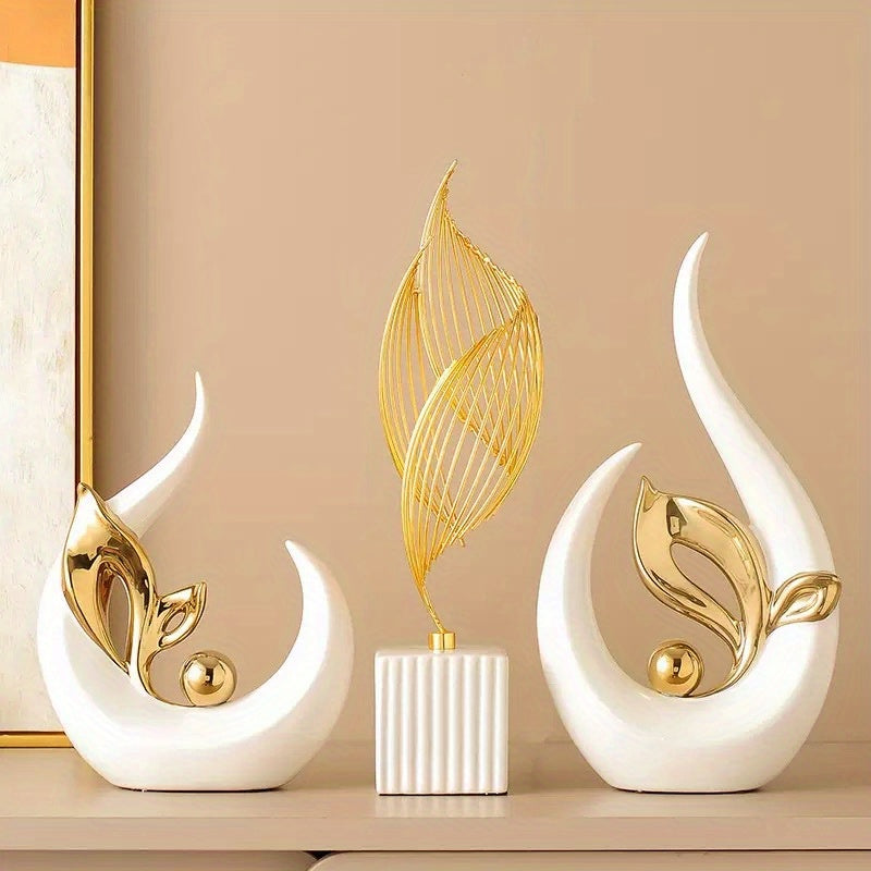 White Gold Ceramic Abstract Art Statue Set of 2 – Handcrafted Resin Sculpture Decor for Living Room, TV Cabinet & Wine Cabinet – Light Luxury Modern Home Decorations Centerpiece