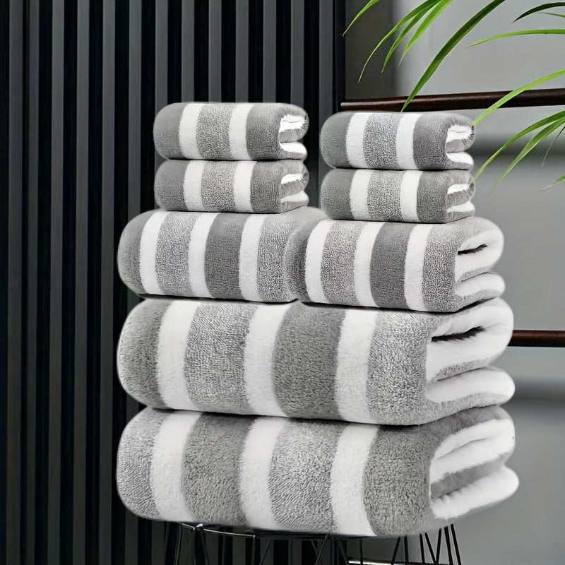 8-Piece Hotel-Quality Striped Bath Towel Set – Lint-Free Super Absorbent Two-Color Towels | 2 Large Bath Towels, 2 Medium Bath Towels & 4 Washcloths
