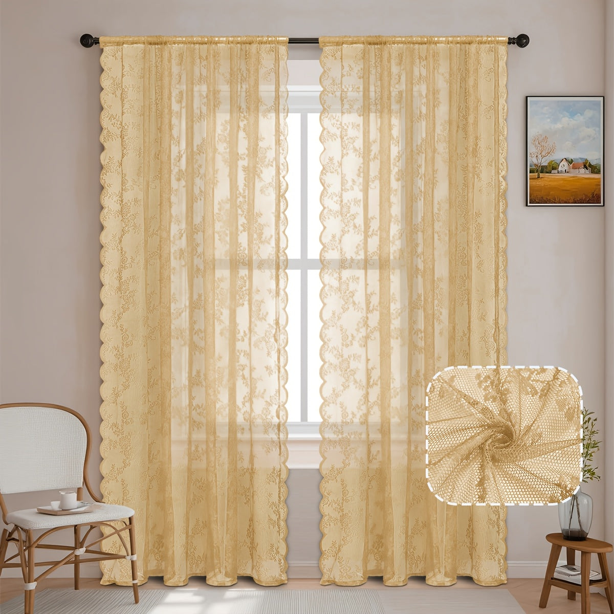 Boho Floral Lace Curtain Panels Set of 2 – Semi-Sheer Light Filtering, Rod Pocket, Pastoral Vintage Style for Bedroom Living Room Kitchen, 6 Sizes 4 Colors