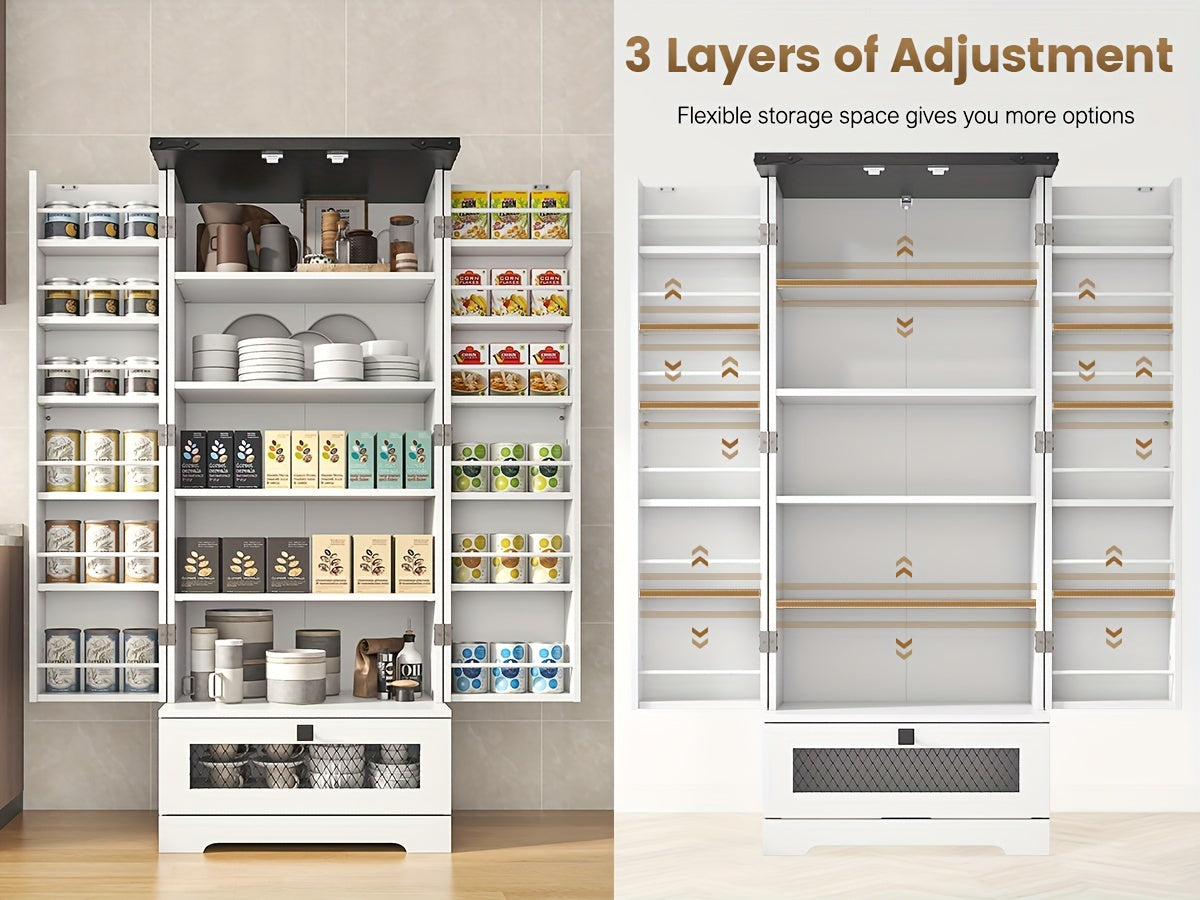 55 Inch Pantry Cabinet Kitchen Storage Cabinet with Adjustable Shelves and Drawer Wooden Buffet Cupboard for Kitchen Living Room Bathroom Dining Room Black White Brown