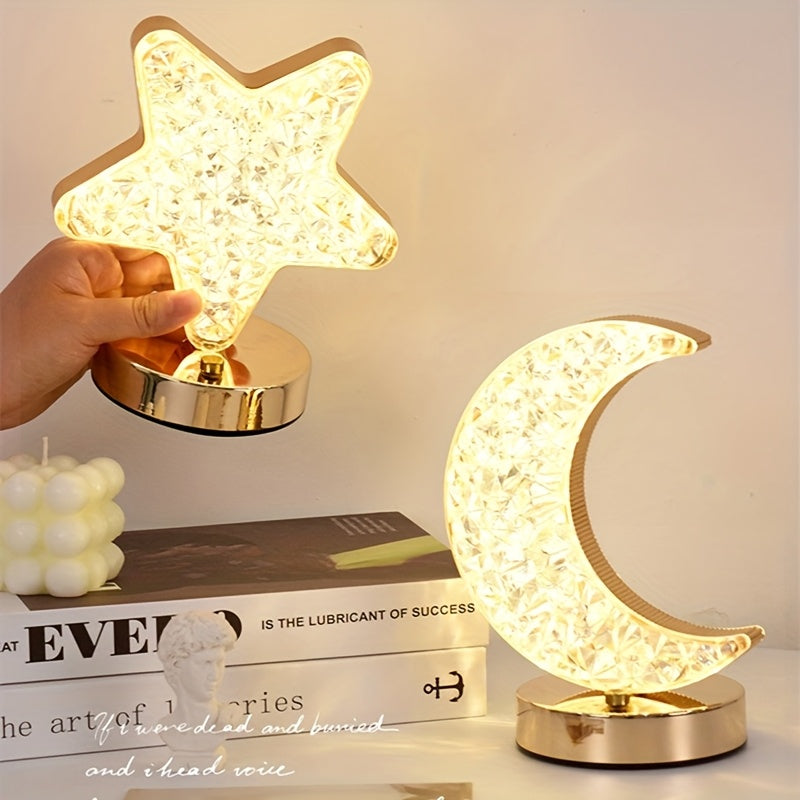 Crystal Touch Table Lamp Moon or Star Shape, Rechargeable Dimmable Bedside Lamp with 3 Color Modes, Aesthetic Bedroom Night Light for Living Room, Christmas & Holiday Decoration Gift