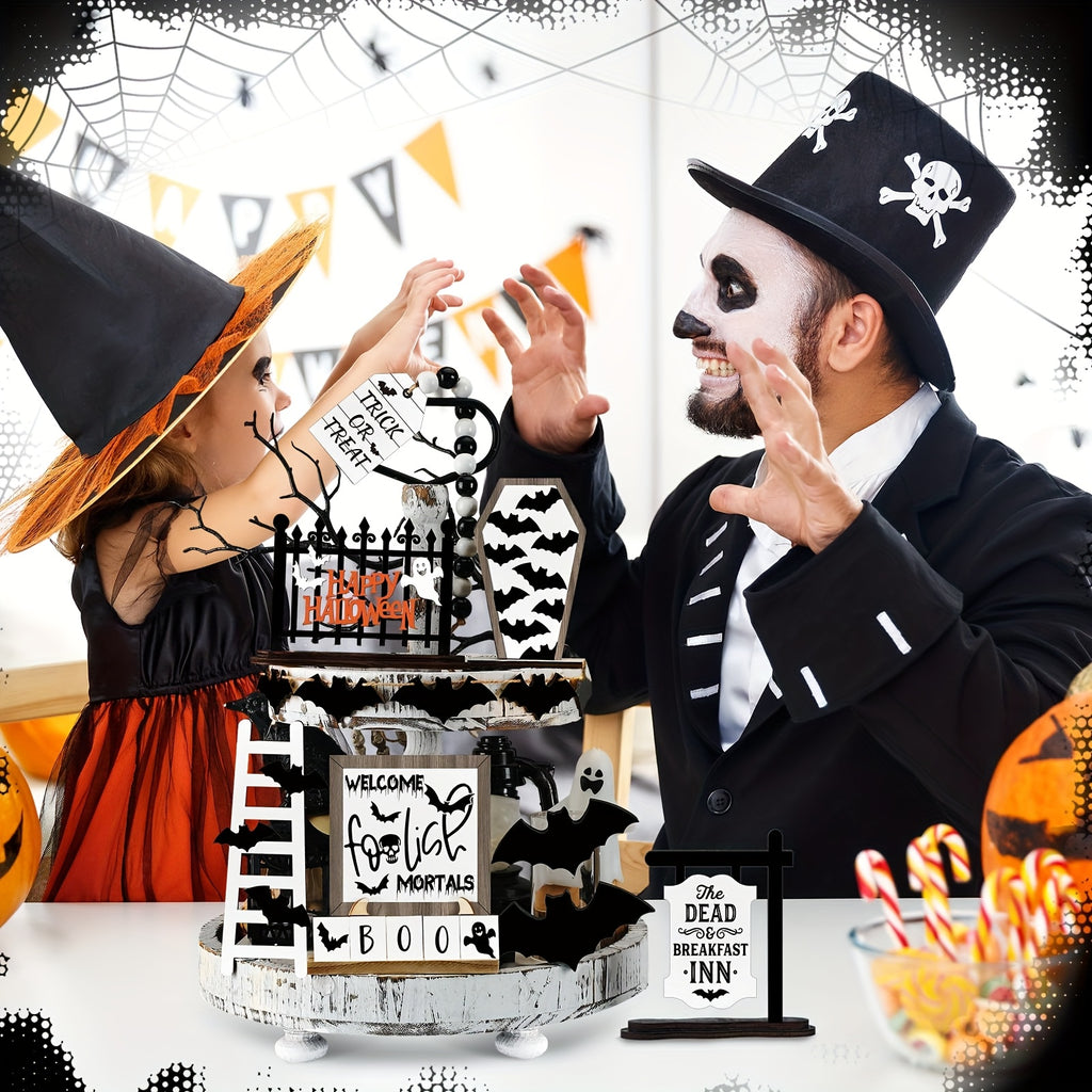 14-Piece Halloween Tiered Tray Decoration Set – Farmhouse Rustic Black & White Bat Wooden Signs for Table Kitchen Den Halloween Party