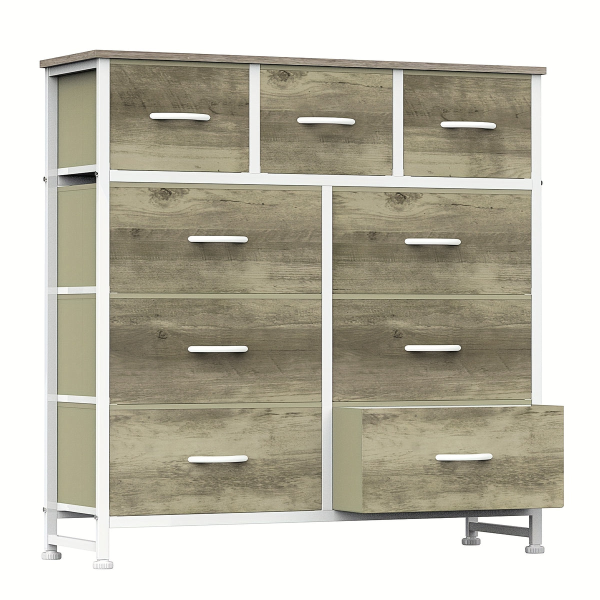 9 Drawer Fabric Dresser with Bins – Tall Chest of Drawers Organizer for Bedroom Closet Hallway Nursery, Steel Frame Wood Top Easy Pull Handles