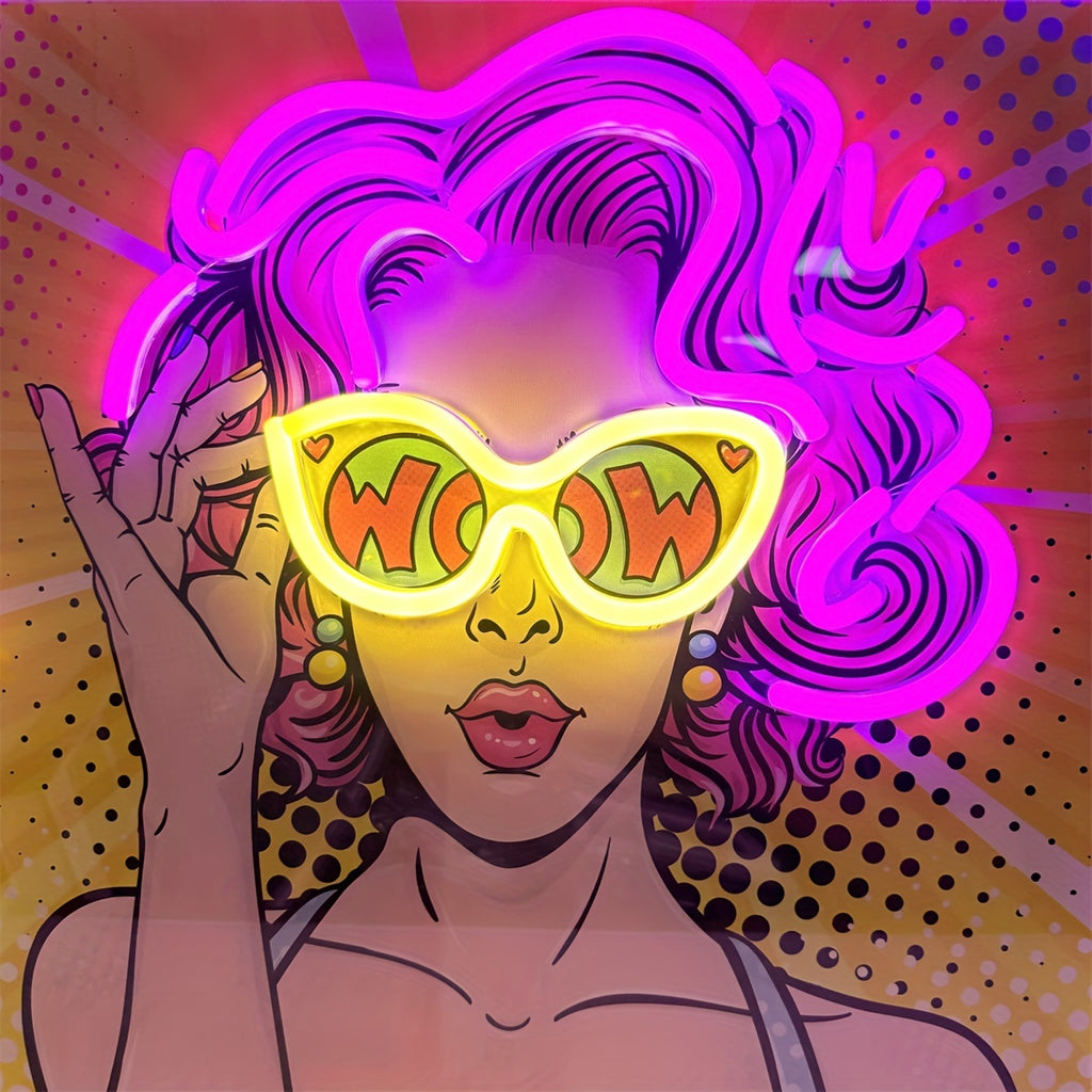 WOW Neon Sign Wall Decor with Curly Hair Girl – USB Powered UV Printed Neon Light for Bedroom, Bar & Party Decor, Single Color