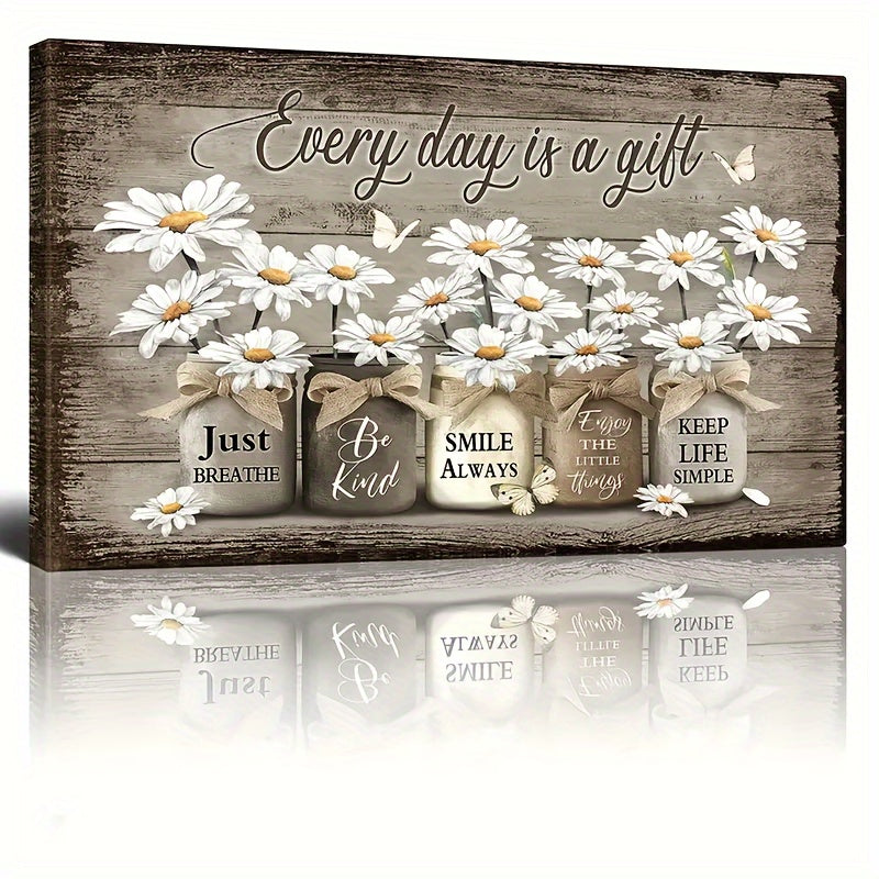 Daisy Butterfly Canvas Wall Art with Wood Frame – 11.8x15.7 Rustic Vintage Floral Inspirational Picture for Bedroom, Living Room, Bathroom & Office, Ready to Hang Home Decor